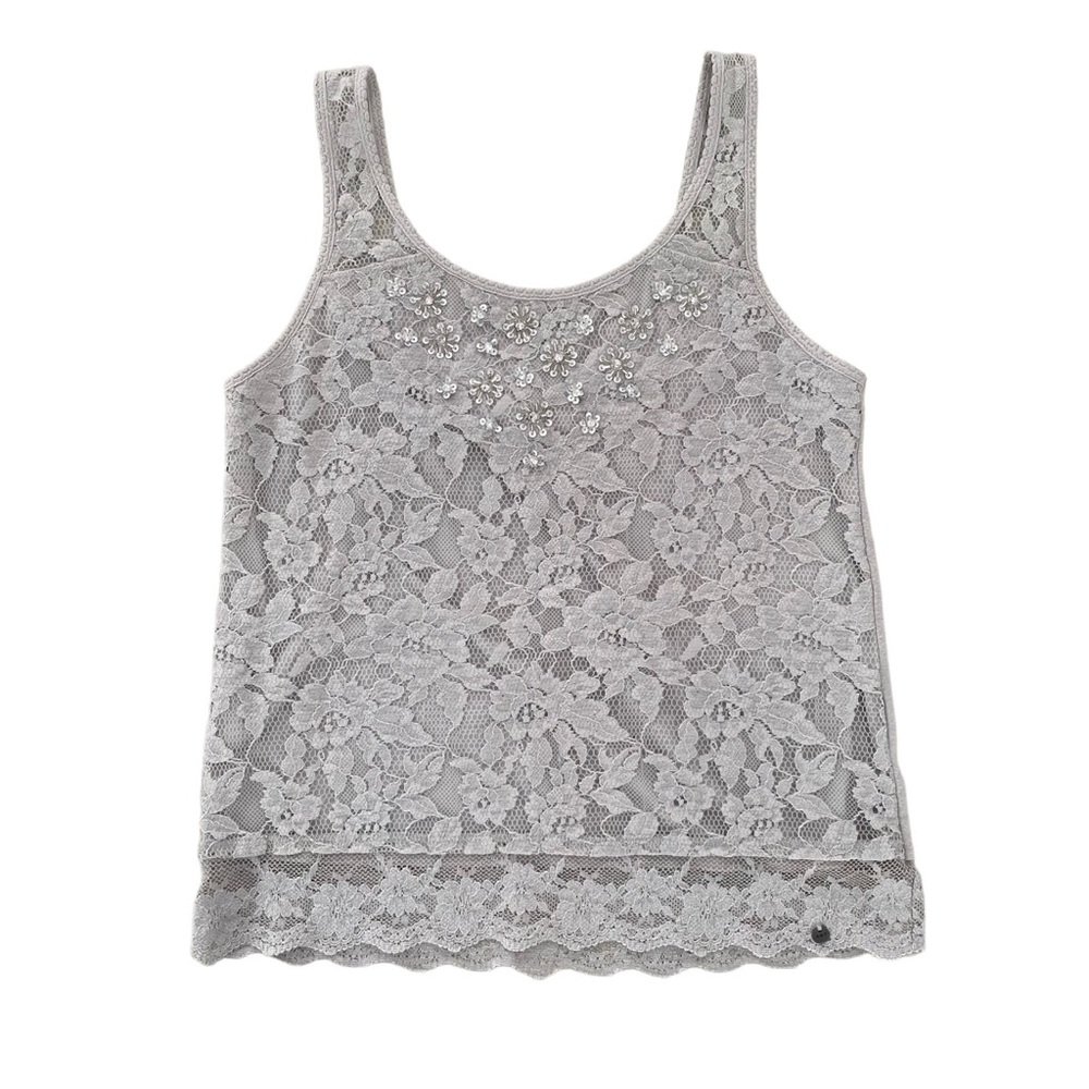 Abercrombie & Fitch Beaded Flowers Floral Lace Gray Tank Top Women's Size XS